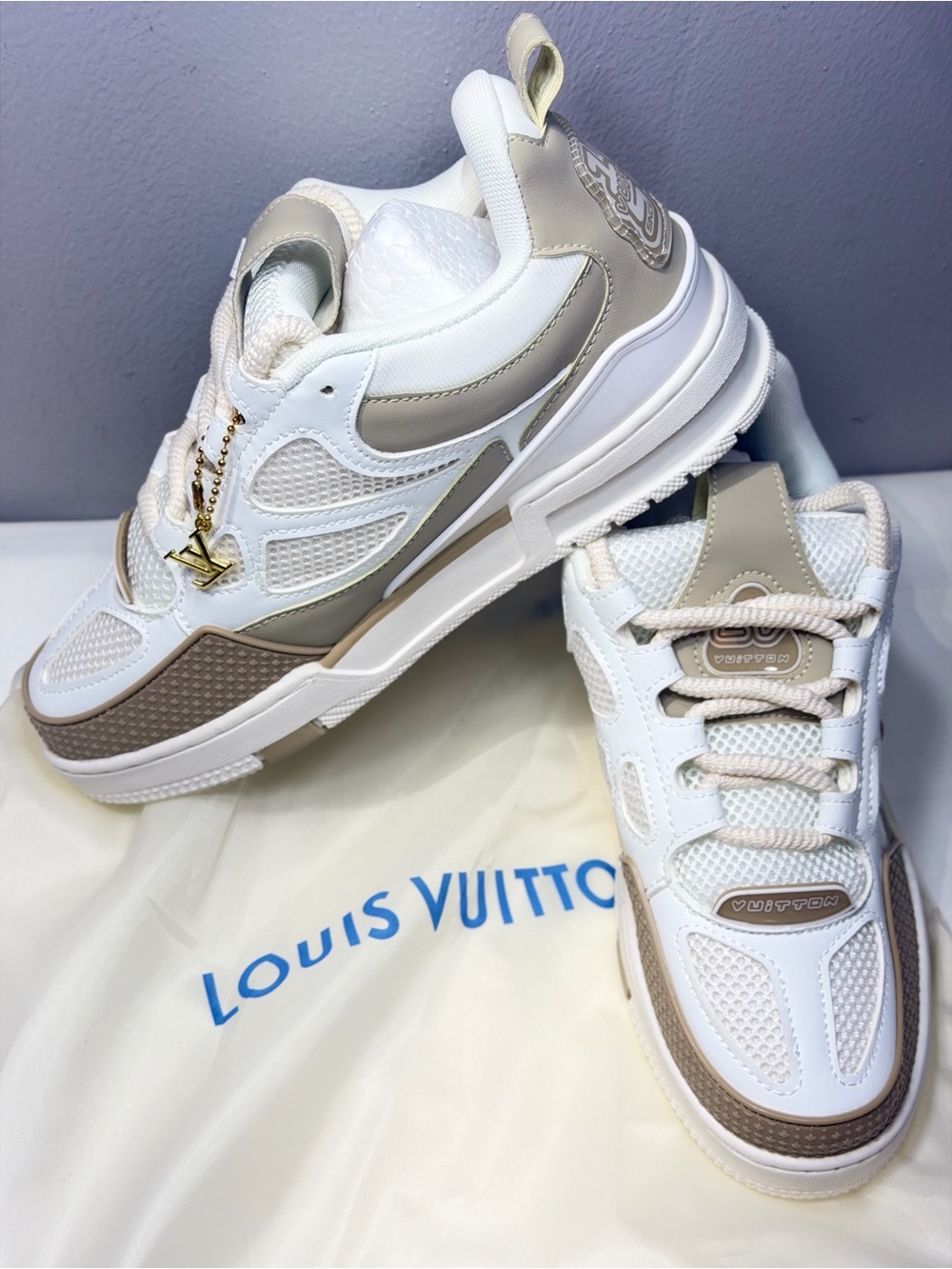 Louis Vuitton White & Taupe Chunky Low-Top Sneakers - Picture 1 of 8